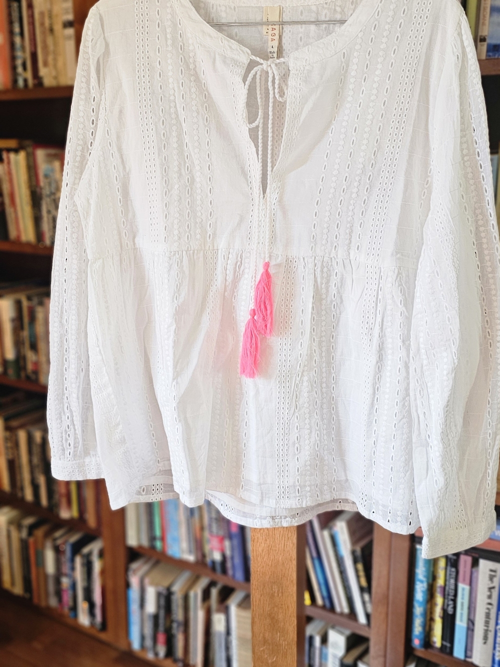 RAGA White Eyelet Tunic with Pink Tassels